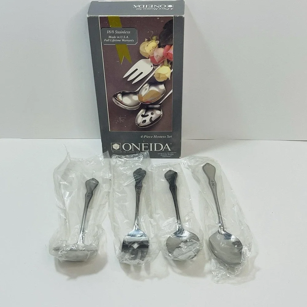 Oneida Morning Blossom 4 Piece Hostess Set Serving Fork Ladle Tablespoon NEW